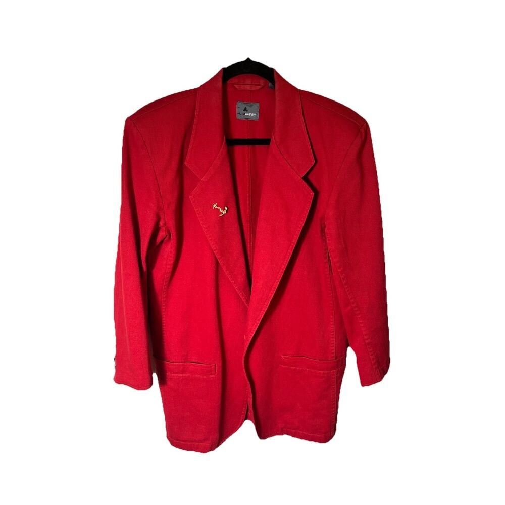 VTG Vintage 80s‎ Lizwear Red Denim Blazer Jacket Size 6 Cotton w/ Brooch